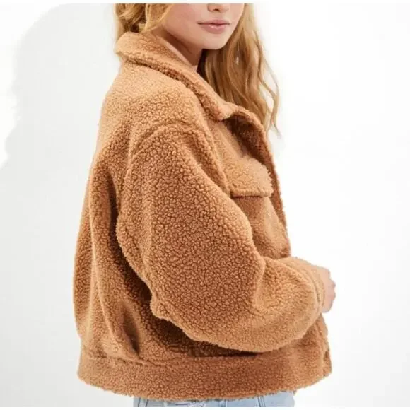 NWOT American Eagle Cropped Teddy Sherpa Jacket Brown Size XS - Picture 2 of 8